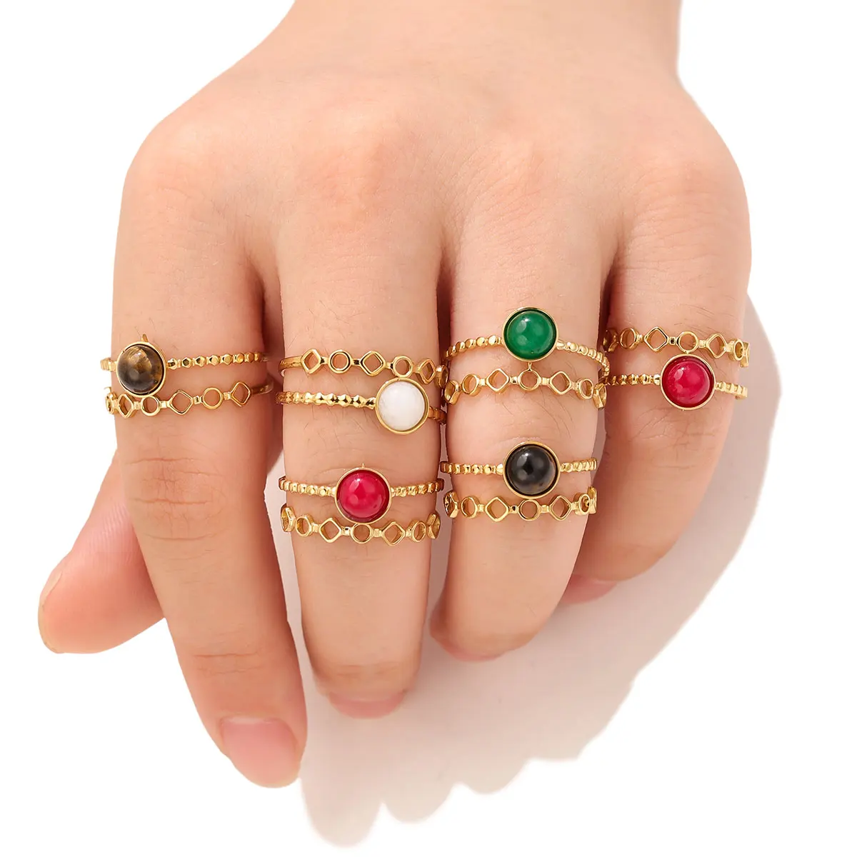 

SOVOB Natural Gemstone Stainless Steel Rings For Women Engagement Ring Adjustable Open-Band Retro Aesthetic Ring Fashion Jewelry