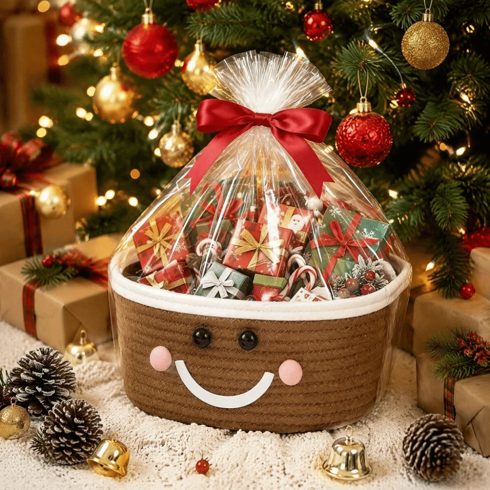 Cotton Rope Christmas Woven Storage Basket Large Capacity Xmas Theme Candy Storage Baskets Cartoon with Plastic Bags Ribbons