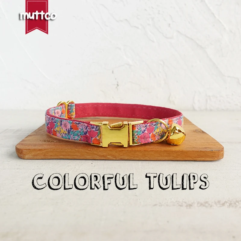 MUTTCO retail yellow platinum high quality metal buckle collar for cat COLORFUL TULIPS design cat collar 2 sizes UCC121B