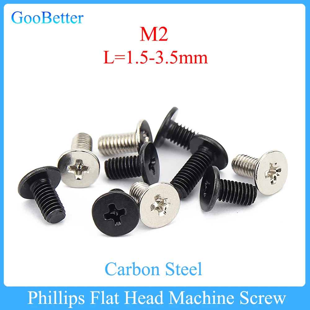 100-1000Pcs Phillips Flat Head Machine Screw M2*1.5-3.5mm Carbon Steel Cross Thin Flat Head Screw Bolt for Laptop Phone Glasses