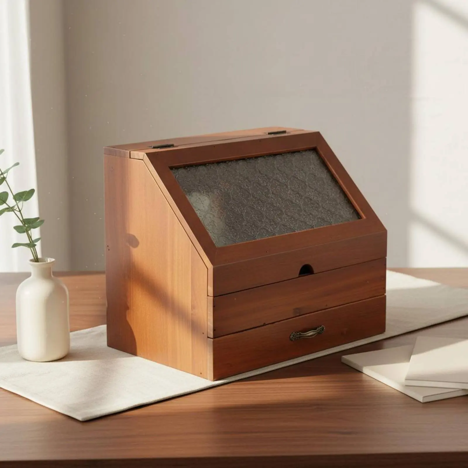 Wooden Storage Box with Drawer Sturdy Wood Countertop Vanity Storage Box Multi-Tier Cosmetic Organizer Large Capacity