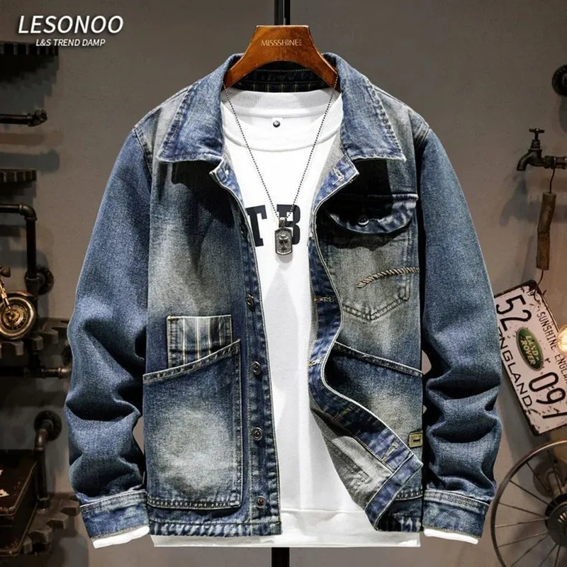 الخريف والربيع موضة جديدة الاتجاه لون نقي الأمريكية خمر ملابس العمل الدنيم سترة الرجال معطف رياضي فضفاض غير رسمي حجم كبير