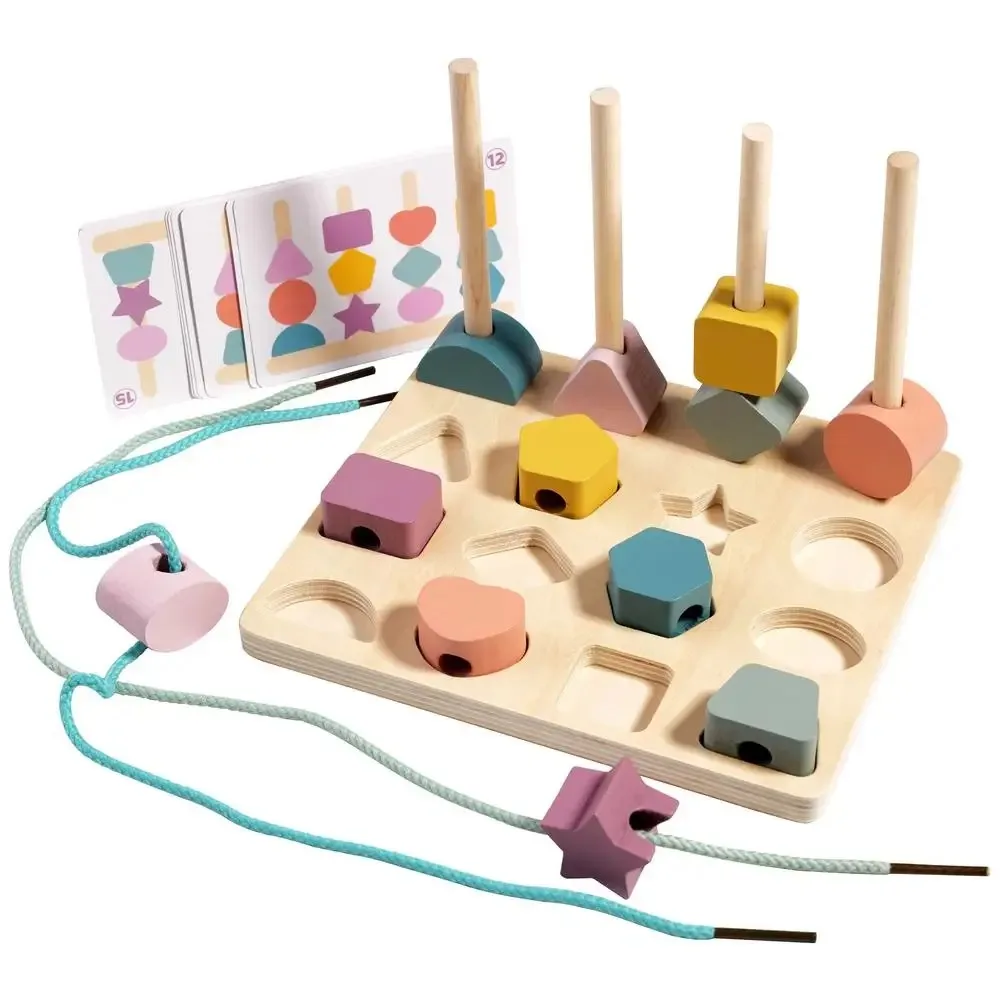 

Montessori Wooden Kids Color Shape Matching Toys Wood Puzzle Game Fine Motor Skills Training Lacing Beads Games Educational Toy