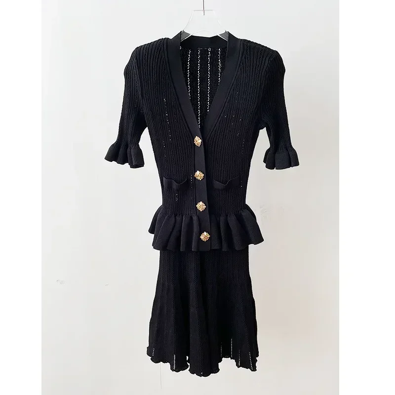 

Black Mini Dress Women 2024 New Fashion Elegant V-neck Temperament Hollow Knited Dresses 5240145