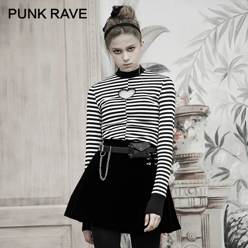 

PUNK RAVE Women's Vertical Collar Long Sleeve Love Hollowed Tight T-shirt Cotton Design Stripe Daily Casual Tops T Shirt