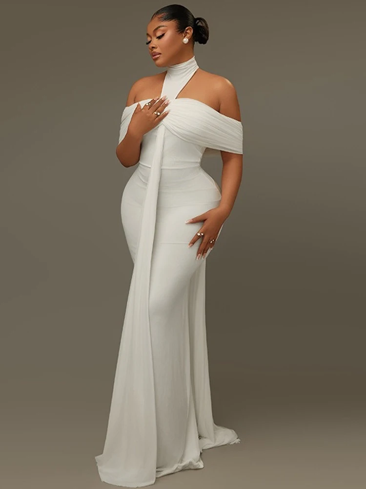 Maxi Dresses for Woman Sexy White Halter Dress Backless Slim Fit Off Shoulder Ruched Bodycon Waist Long Elegant Evening Dresses