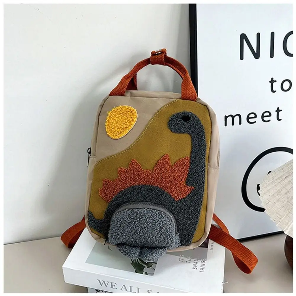New Embroidery Sun Long Neck Small Dinosaur Backpack Hook Hair Embroidered Cartoon Canvas Kindergarten Children Backpack view 2
