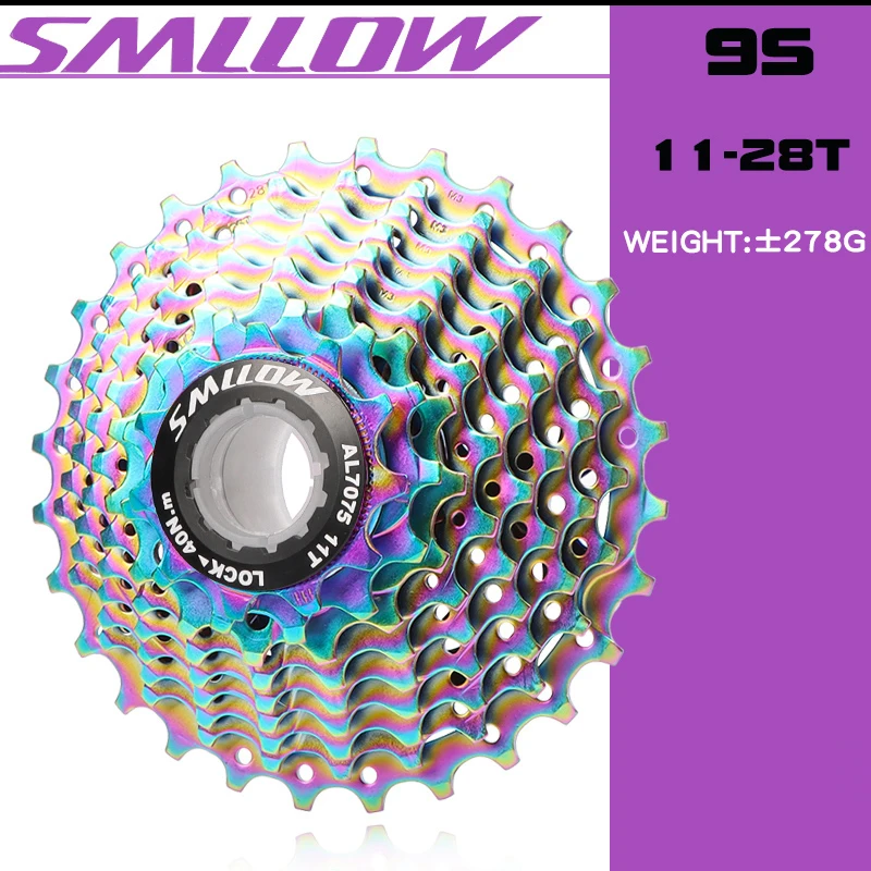 SMLLOW Road Bicycle Colorful Cassette Freewheel 9 Speed 11-13-15-17-19-21-23-25-28T Chrome-Molybdenum Steel Flywheel Rainbow