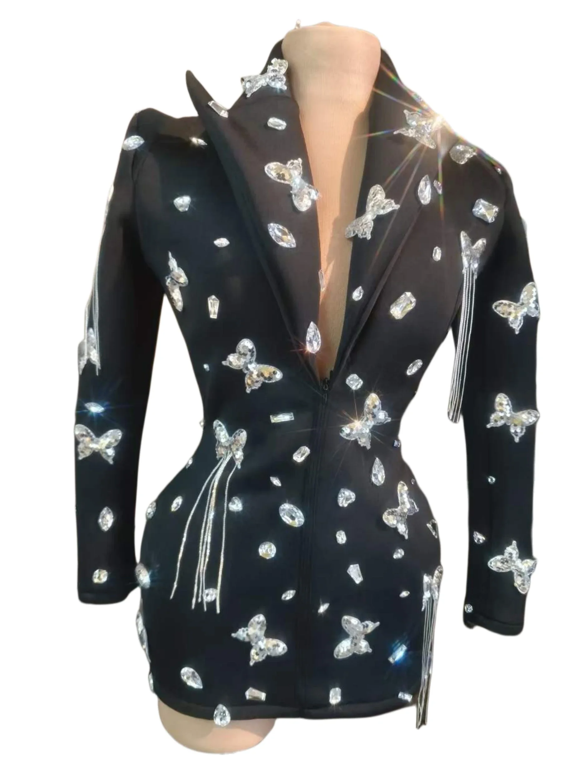 

Bling Bling Women Birthday Party Black Blazer Butterfly Sequins Drag Queen Costume Singer Dancer Performance Stage Wear