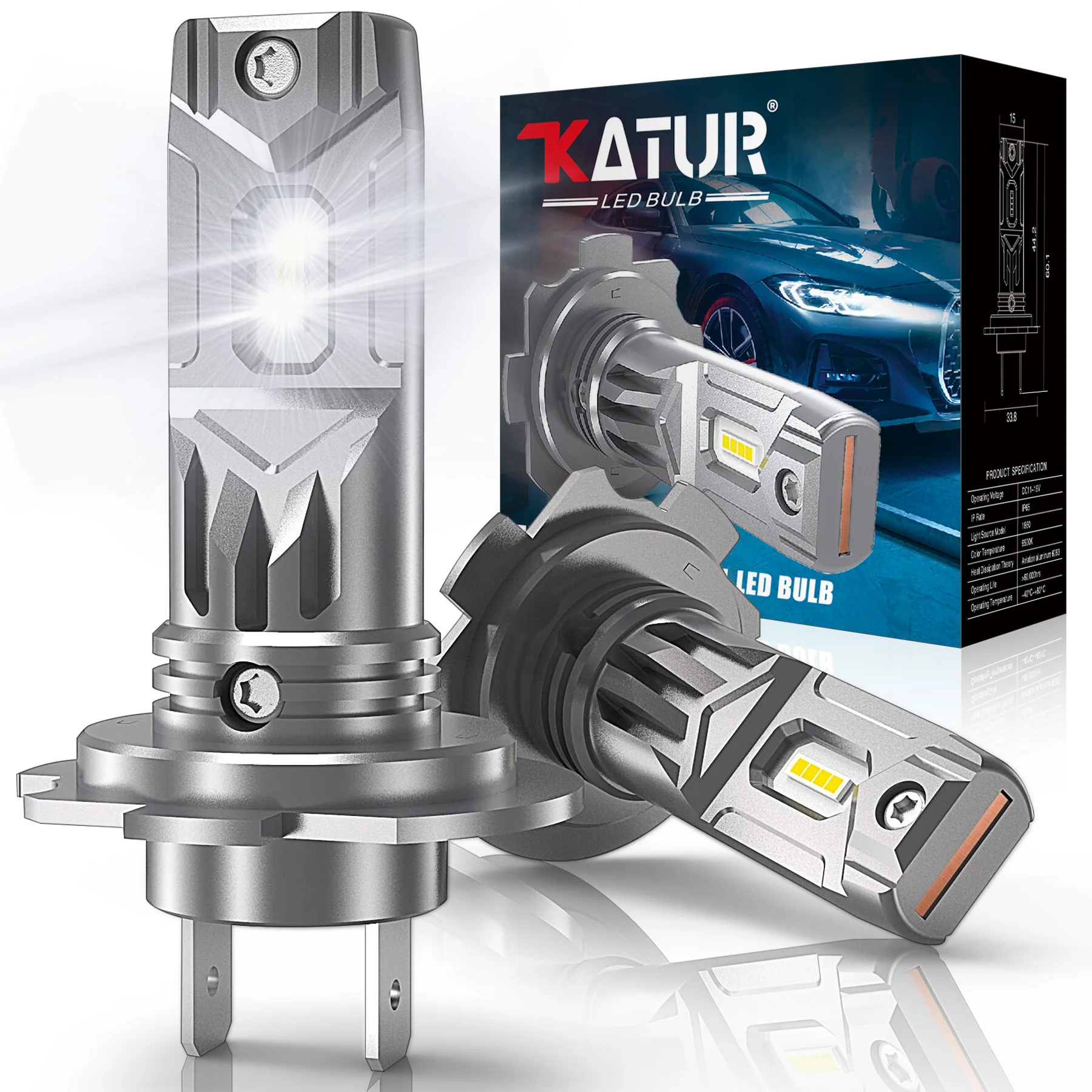 

Katur H7 LED Headlight Bulbs 55W 12000LM Fanless 6500K Xenon White Low Beam Headlight Conversion Kit Fog Light Fanless Wireless