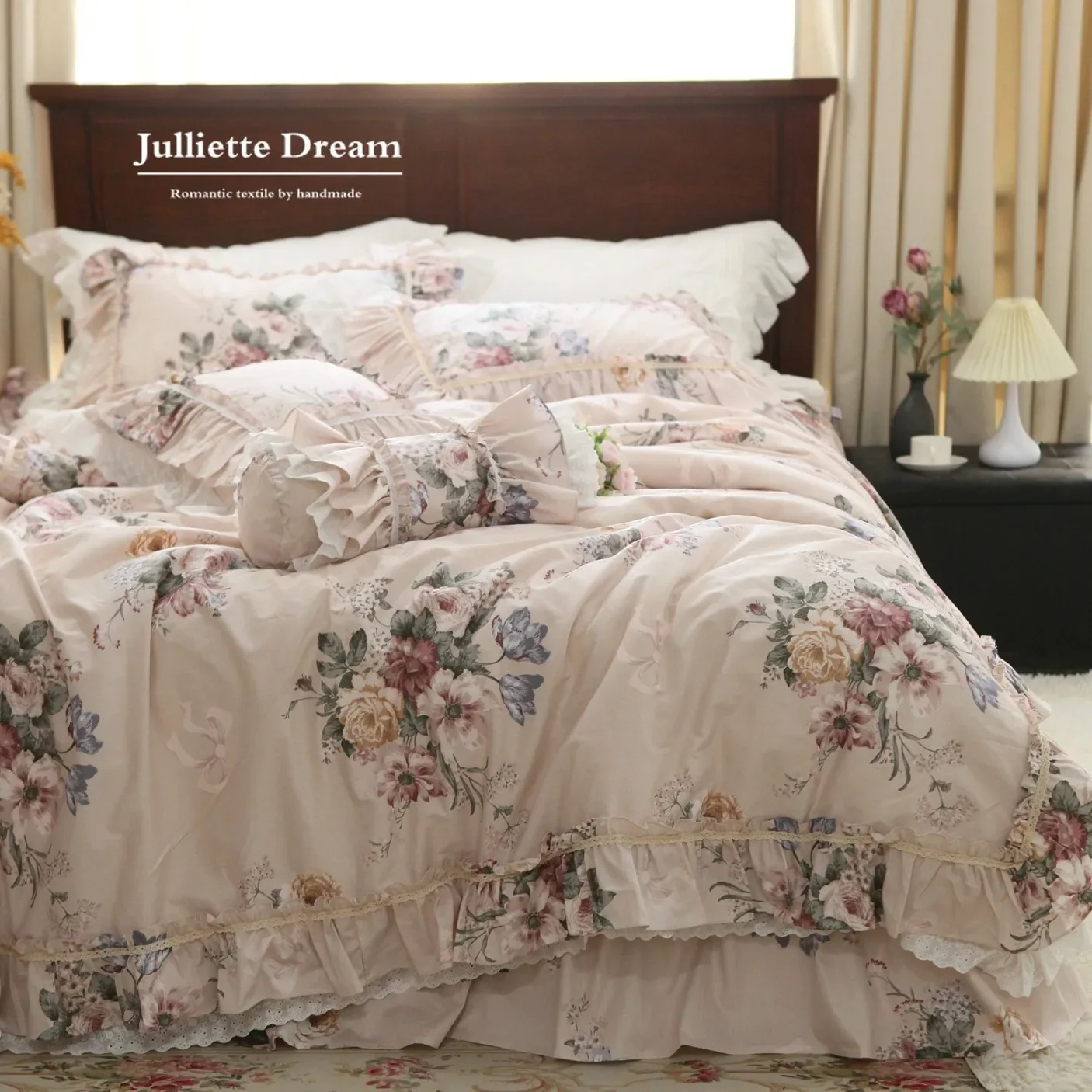 French Garden Floral Lace Bedding Set Princess Ruffle Bed Skirt Design 100% Cotton Heavyweight Duvet Cover Set for King Bedding