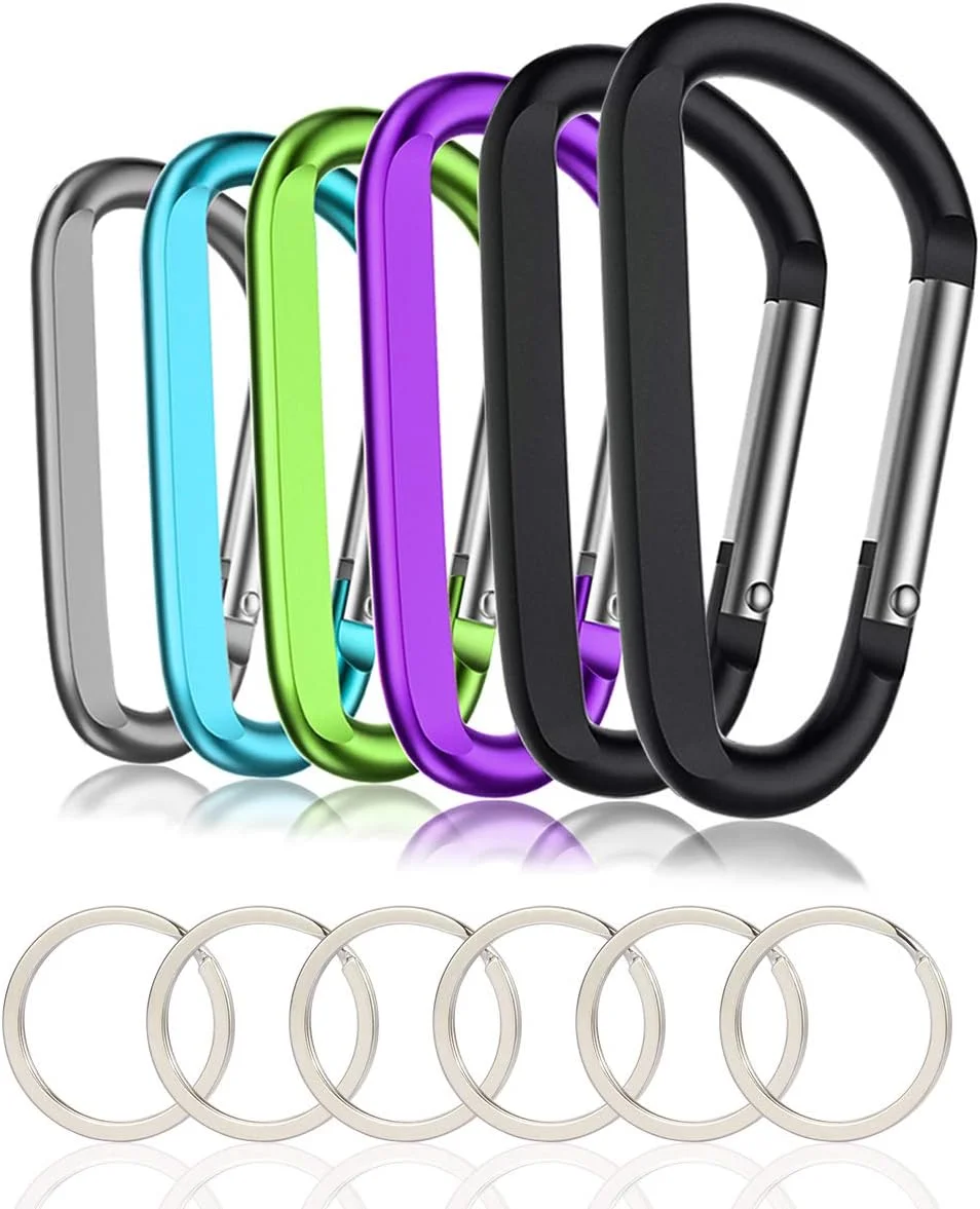 6 uds mosquetón negro Caribeaner Clip aluminio D forma de anillo Carabeaner con 6 uds llavero gancho