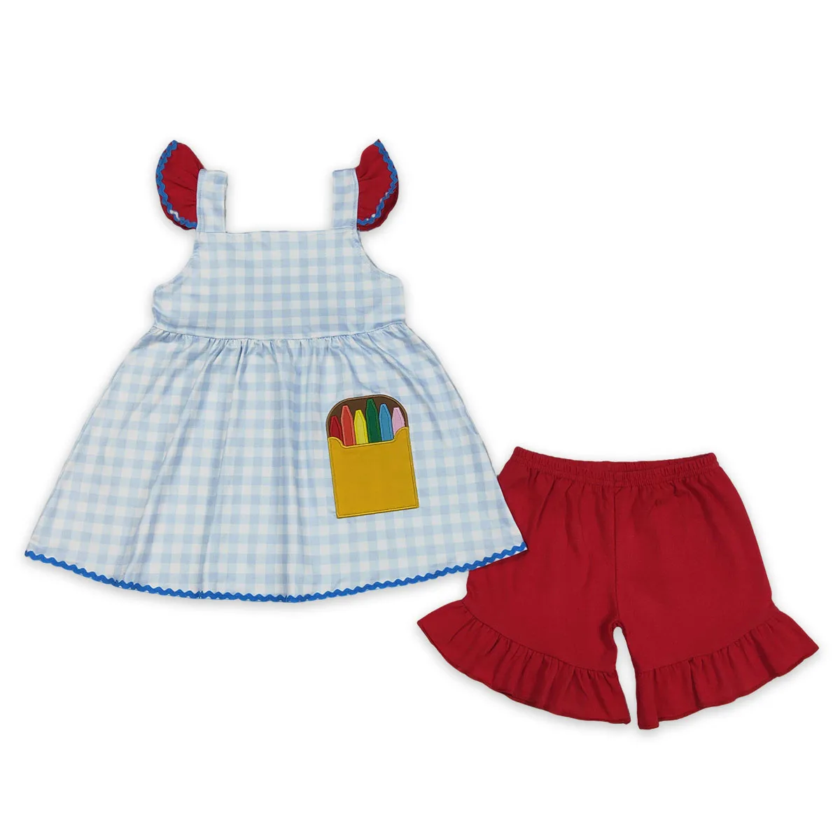 Kids Embroidery Pencils Baby Girl Checked Tunic Tops Ruffle Shorts Back to School Fashion Cute Outfit Toddler Clothing Wholesale