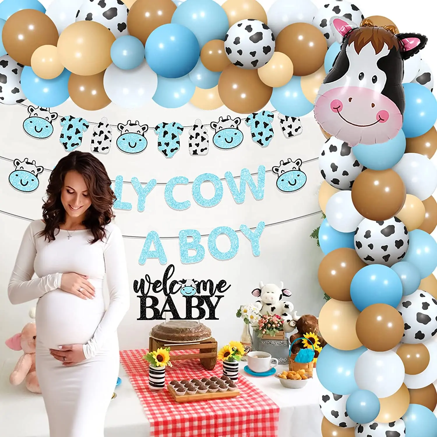 Sursurprise-Cow Theme Baby Shower Decoration, Holy Cow, It's A Boy Banner, Cow Print Balloon Garland, Welcome Baby Cake Topper