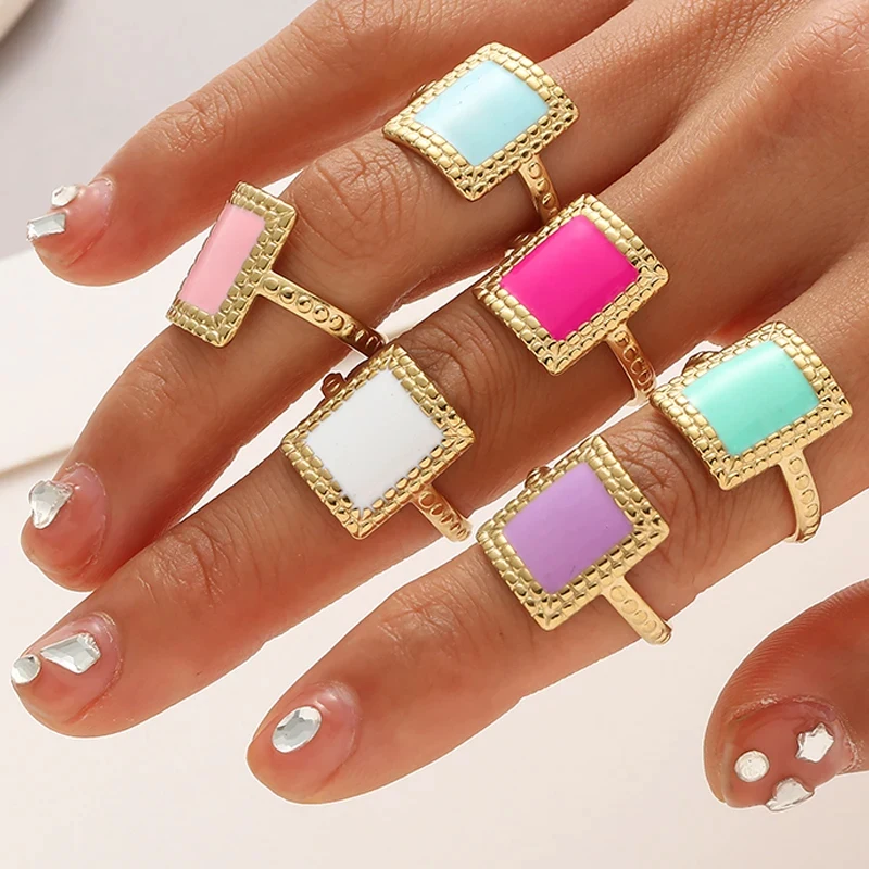 Boho Multicolor Enamel Hollow Heart Square Open Rings For Women Gold Plated Stainless Steel Belt Chain Rings Luxury Jewelry Gift
