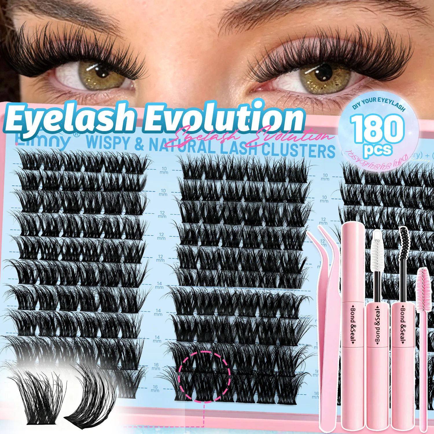180-teiliges DIY-Kit für voluminöse Cluster-Wimpernverlängerungen mit kompletten Anwendungswerkzeugen – Anfängerfreundlich