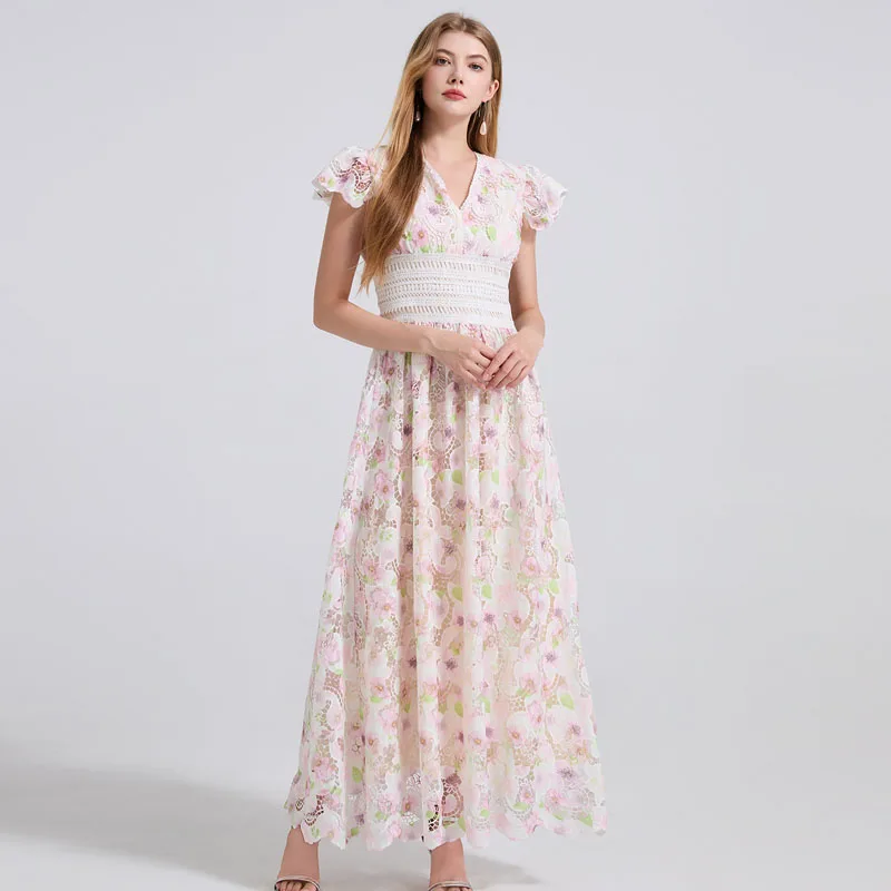 

High Quality Embroidery Hollow Out Dresses Spring Women V-neck Fungus Sleeveless Dress Summer High Waist Printed Mid Calf Dress