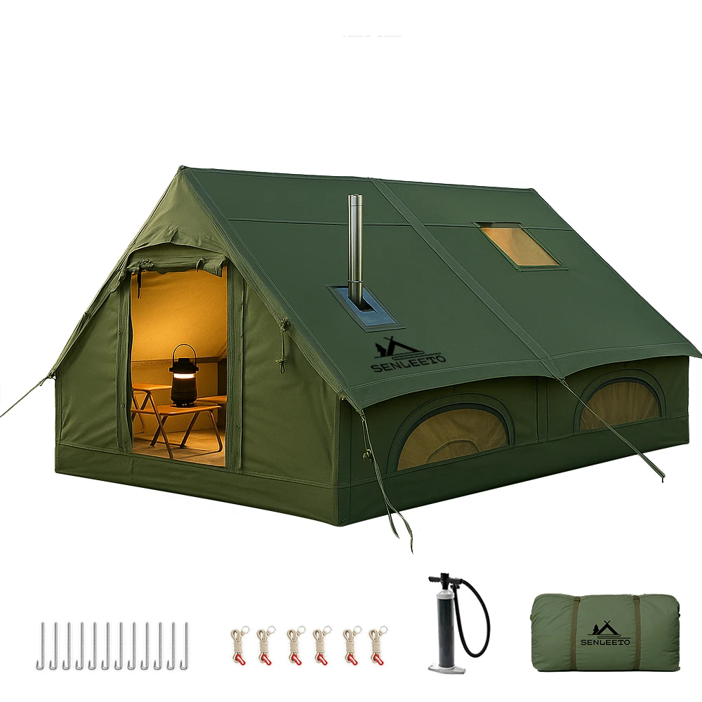 4 Season 129 Square Feet Green Inflatable Tent with Hand Pump Waterproof with Chimney Stack