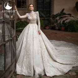 Aedmgh Ball Gown Royal Wedding Dresses High Neck Long Sleeve Vestido De Novia Lace Sequined Exquisite Custom Made Bridal Gown