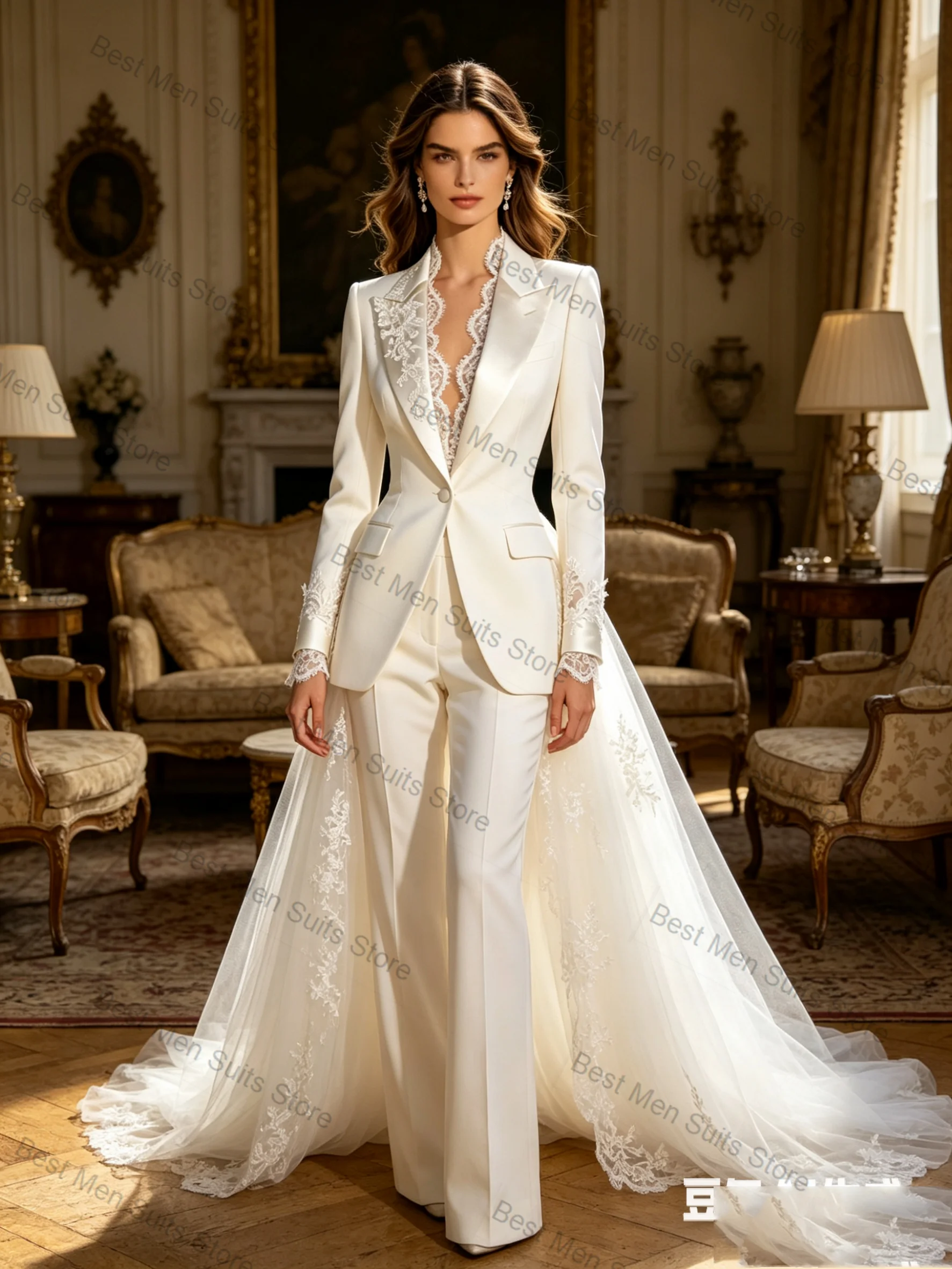 White Long Train Women Suit Set 2 Pcs Blazer Pants Trousers Formal Office Jacket Customized Wedding Tuxedo Guest Coat
