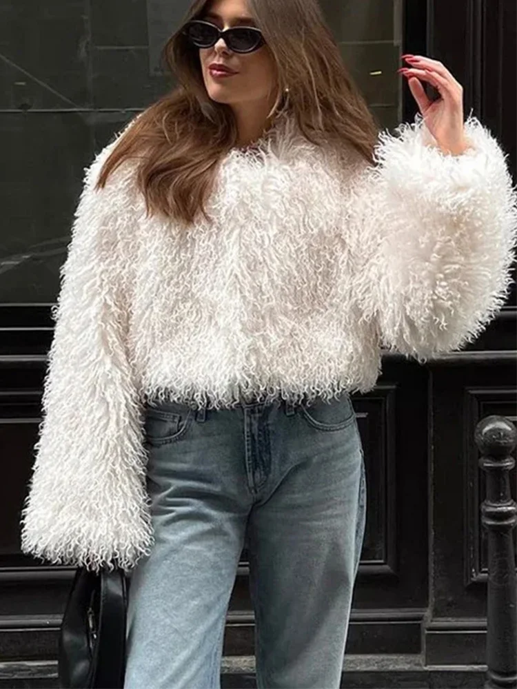 HH 2024 معطف نسائي عتيق من الفرو الصناعي منفوش فضفاض بأكمام طويلة ورقبة مستديرة قطيفة ملابس خارجية غير رسمية معطف قصير دافئ ضيق #3