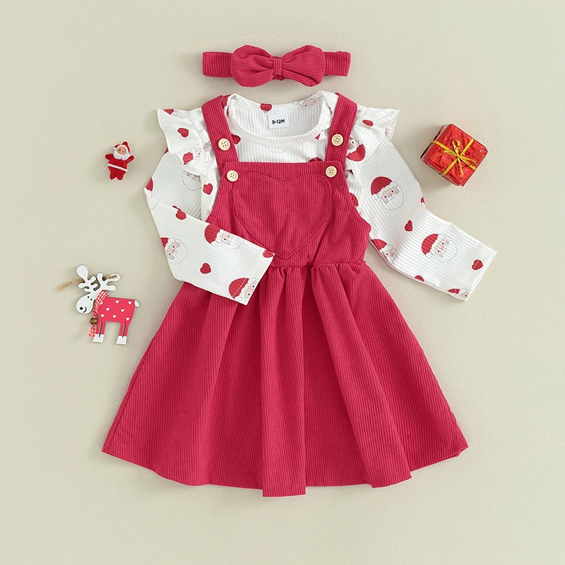 

0-18M Baby Girl Autumn Christmas Costume Santa Claus Print Pit Strip Long Sleeve Bodysuit and Corduroy Suspender Dress Headband