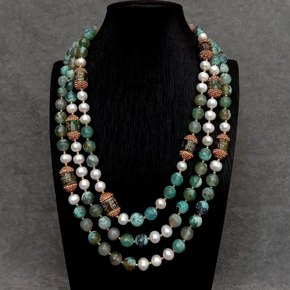 

Y.YING 3 Rows Freshwater Cultured White Pearl Green Agate Dzi Agate Necklace Handmade Women Designer Jewelry