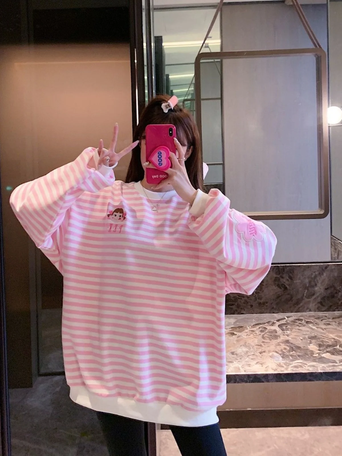 동대문 스트라이프 스웨트셔츠 여성 초가을 플러스 사이즈 캐주얼 루즈 패셔너블 안티에이징 탑 트렌디 폴리에스터 00%