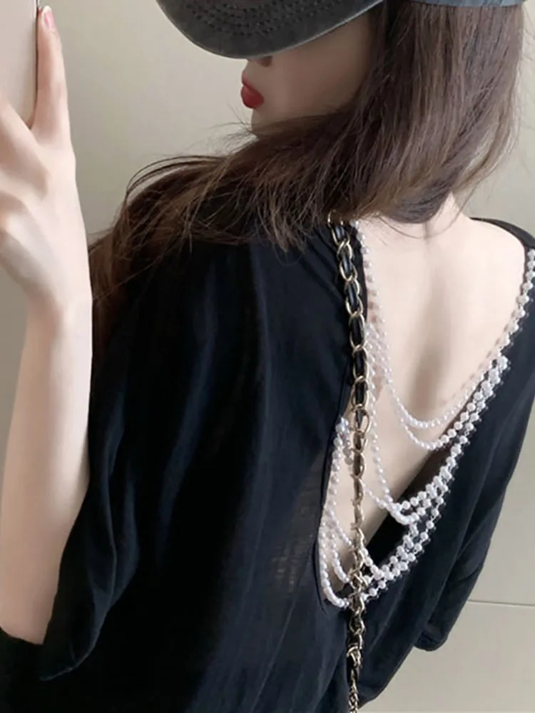 JMPRS Loose Women Translucent T Shirt Sexy Backless Pearl Beaded Ladies Oversize Tees Casual Summer Beach Sun White Black Tops