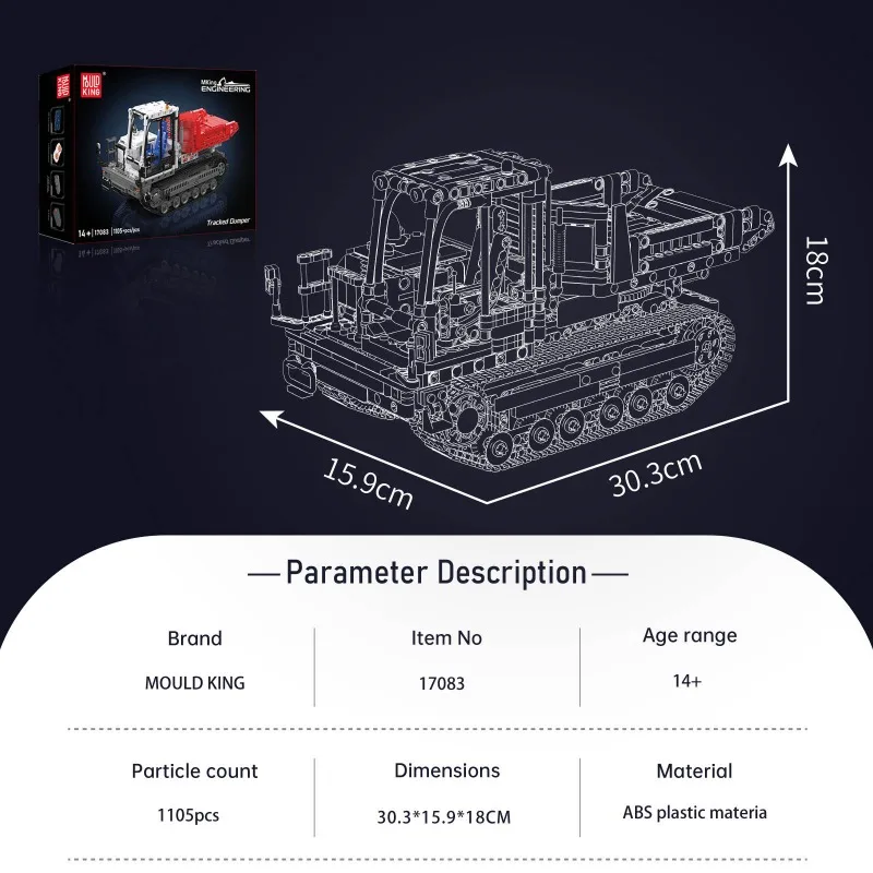 MOLD KING 17083 Autocarro con cassone ribaltabile cingolato motorizzato 1105PCS Blocchi tecnici Giocattolo di ingegneria RC per bambini Regalo di Natale per adulti