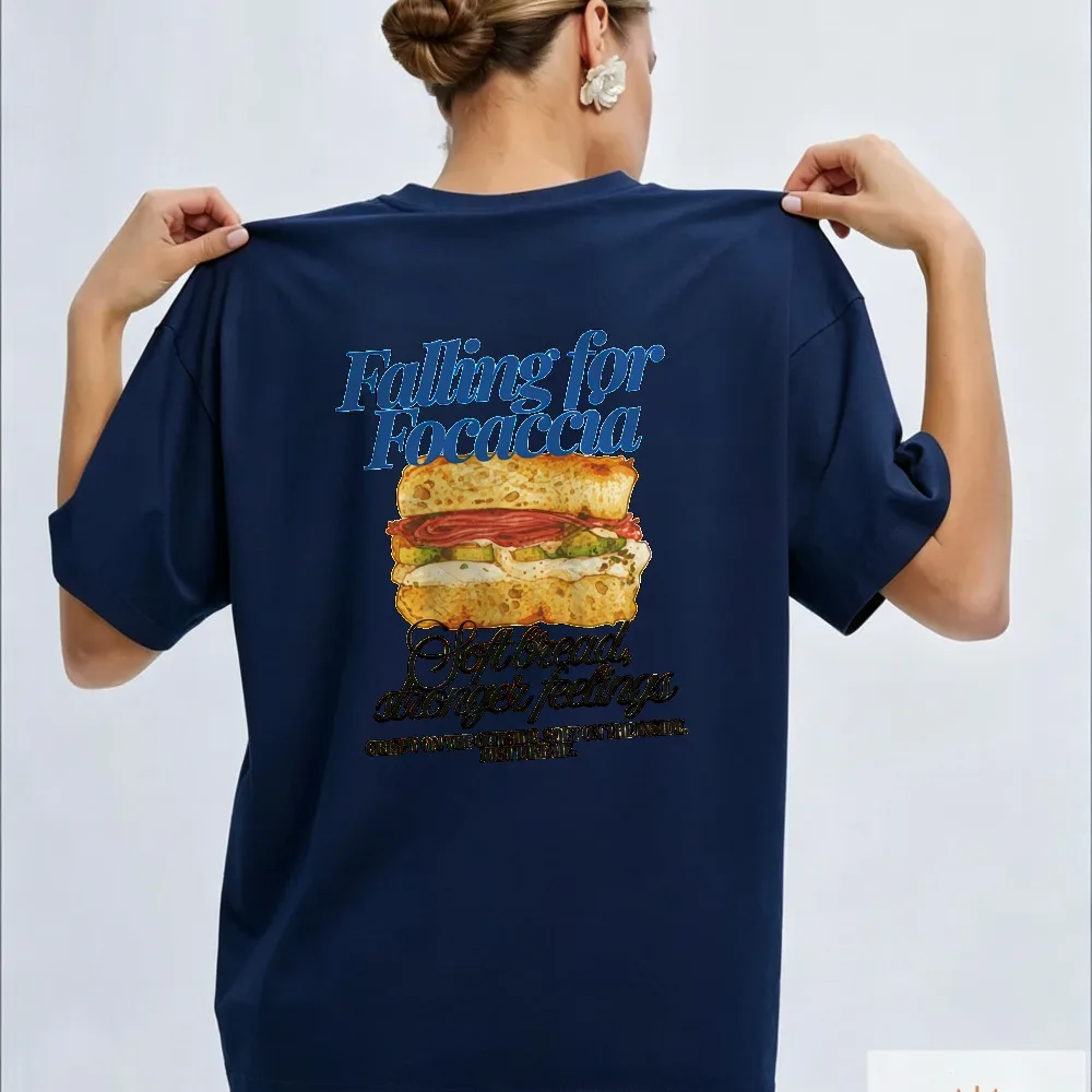 Women Falling for Focaccia Italian Sandwich Text Graphic Tshirt Focaccia Bread Slogan Print Tee Cotton  Food Lover Casual Blouse