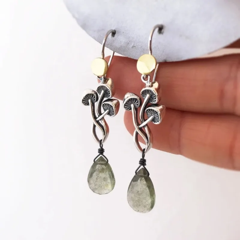 BKBK Two Tone Silver Gold Mushroom Teardrop Moss Agate Wire Hook Dangle Women Earrings Wedding Earrings for Valentine Christmas Halloween Nature Witchy Bridal Jewelry for Brides Bridesmaids Adult Ladies Forest Festival Occasion