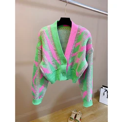 Dames Kleur Blok Groen Crop Cardigan High Street Gebreide Top Met Lange Mouwen 2023 Herfst Winter Nieuw In Koreaanse Dongdaemun Mode