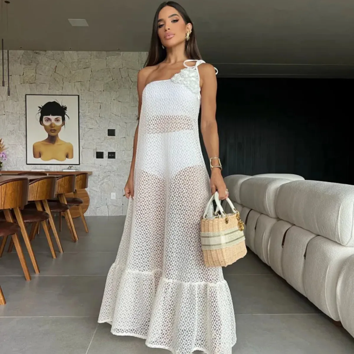 

Sexy 3D Flower Long Dress Women 2025 Summer Semi-sheer Party Dresses Elegant Slim One Shoulder Maxi Vestidos Holiday Beach Robe
