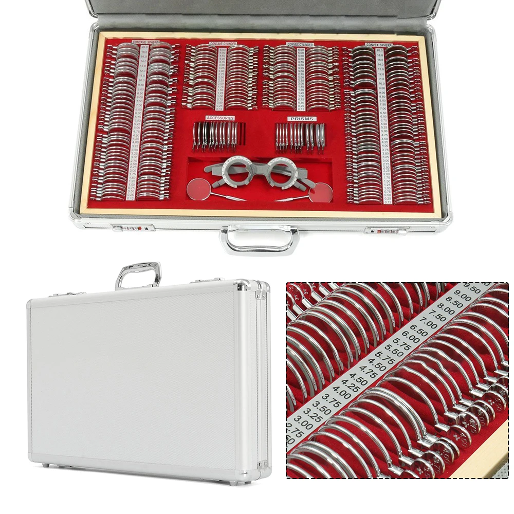 266Pcs Optical Trial Lens Set Optometry Kit Metal Rim Ophthalmic Lenses+Aluminum Case+Trial Frame+Cross Cylinders (266Pcs/Set)