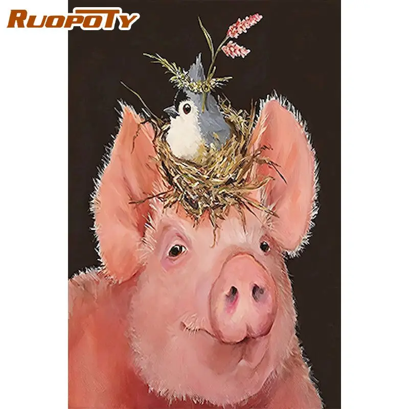 

RUOPOTY Cross Stitch Needlework Painting Pig And Bird Handmade Diamond Mosaic Rhinestone Kit Diamond Embroidery Animal