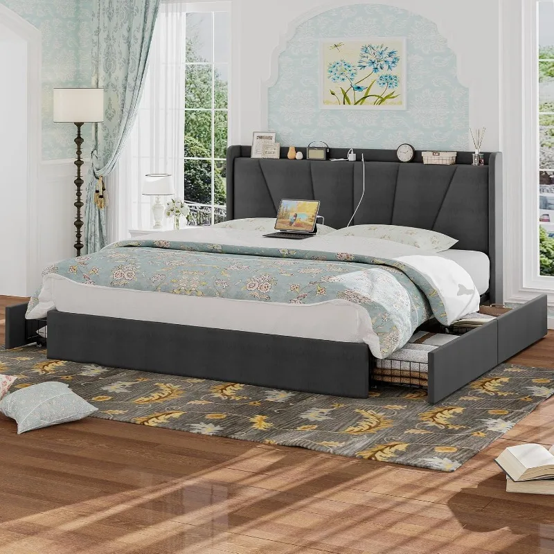 King Bed Frame and Upholstered Headboard, Platform Bed with Storage Drawers and Outlets, Sturdy, Noiseless, No Box Spring