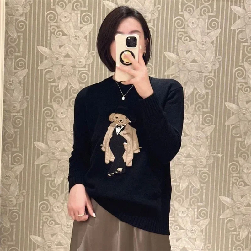 Neue Herbst Preppy Student Kaschmir Pullover Frauen Cartoon Bär Bestickt Oansatz Langarm Pullover Top Lässige Strickwaren