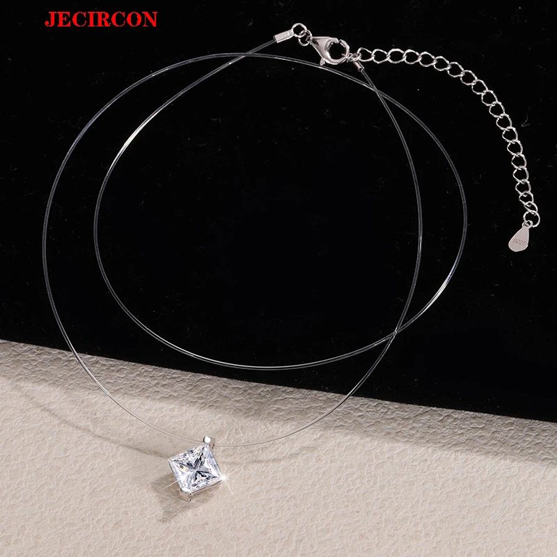 

JECIRCON S925 стерлингового серебра невидимая рыбья леска ожерелье 1/2 карата квадратной формы муассанит (белый/зеленый) изысканный кулон ювелирные изделия