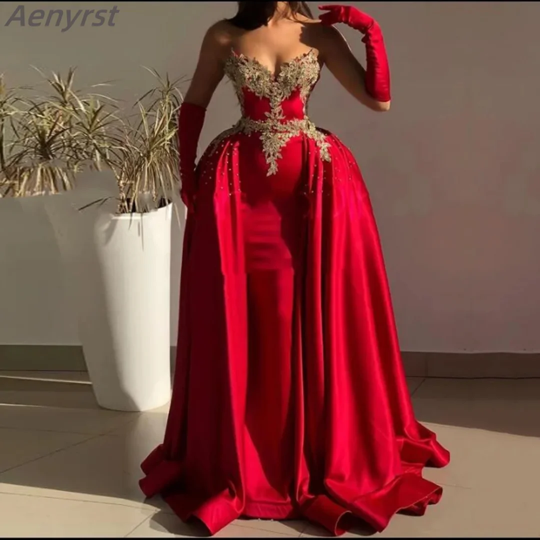 Red Sweetheart Mermaid Wedding Party Dress Appliques Satin Long Sleeves Prom Dresses with Detachable Skirt Arabic Evening Gowns