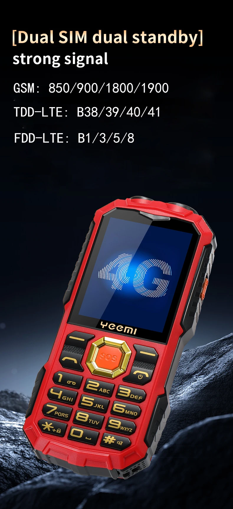 YEEMI Q5 4G Button Phone 2.4inches Dual SIM Card HD Call Camera FM LED Flashlight LTE Type-C Triple-proof Outdoor Mobile Phone