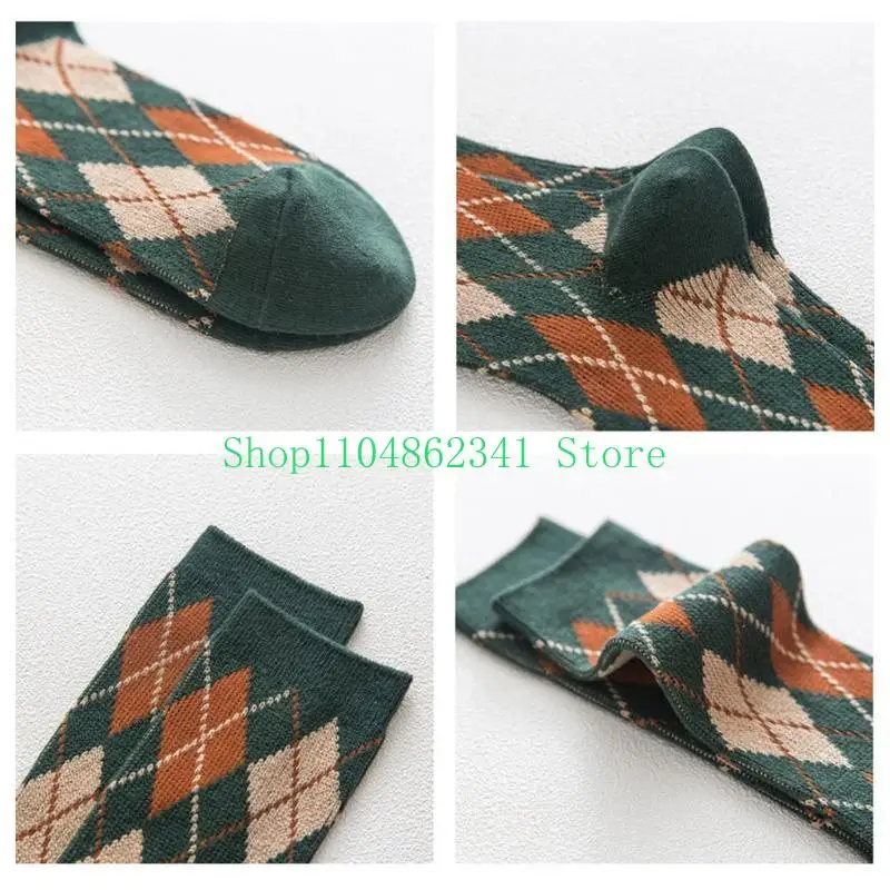 5ASD FEMMES ETHNIQUE ARGYLE PLAID PRINT SOCKS Vintage College Preppy Hosiery