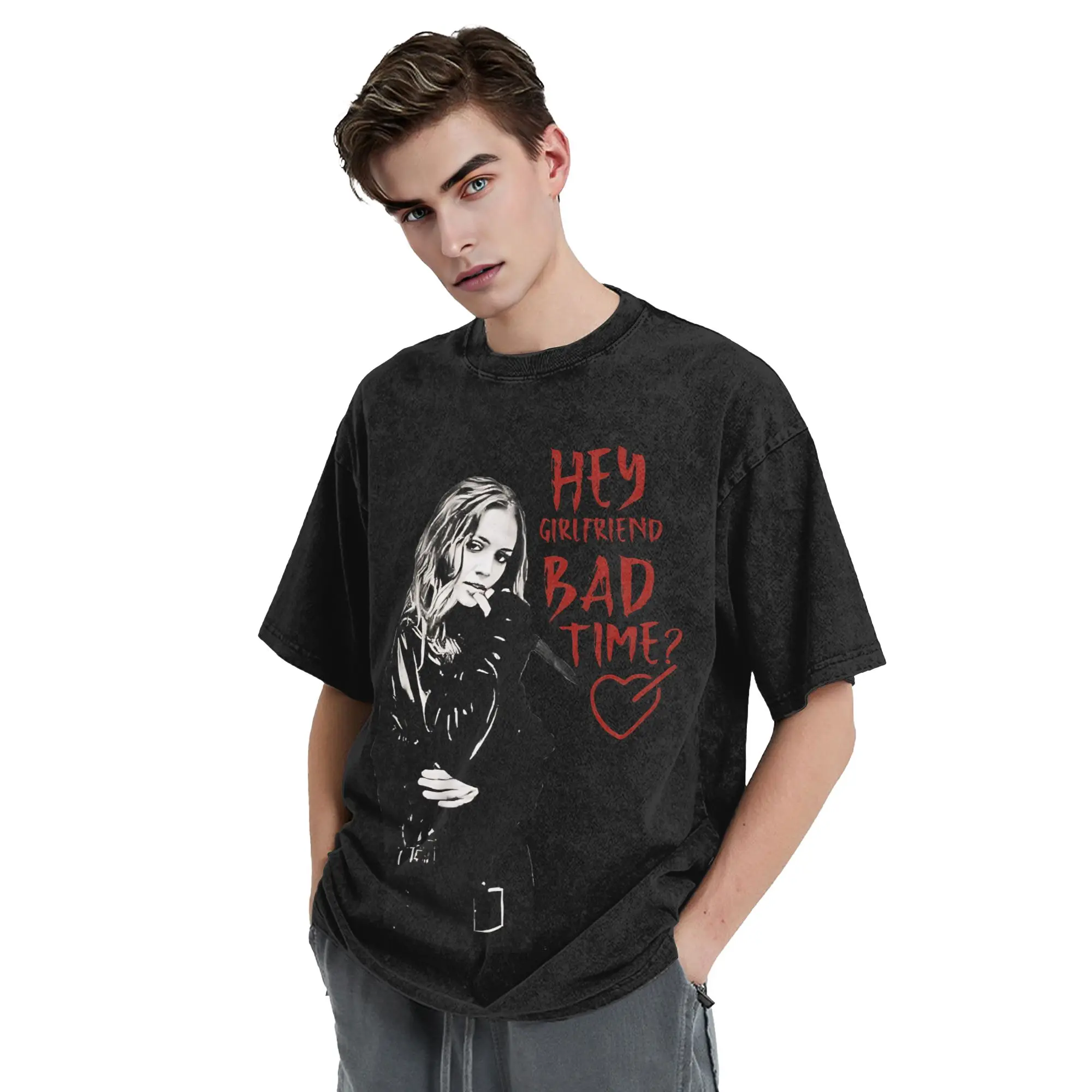 Washed T Shirts Hey Girlfriend T-Shirts High Street Buffy the Vampire Slayer Streetwear Printed Tops Tee Shirt for Men Women