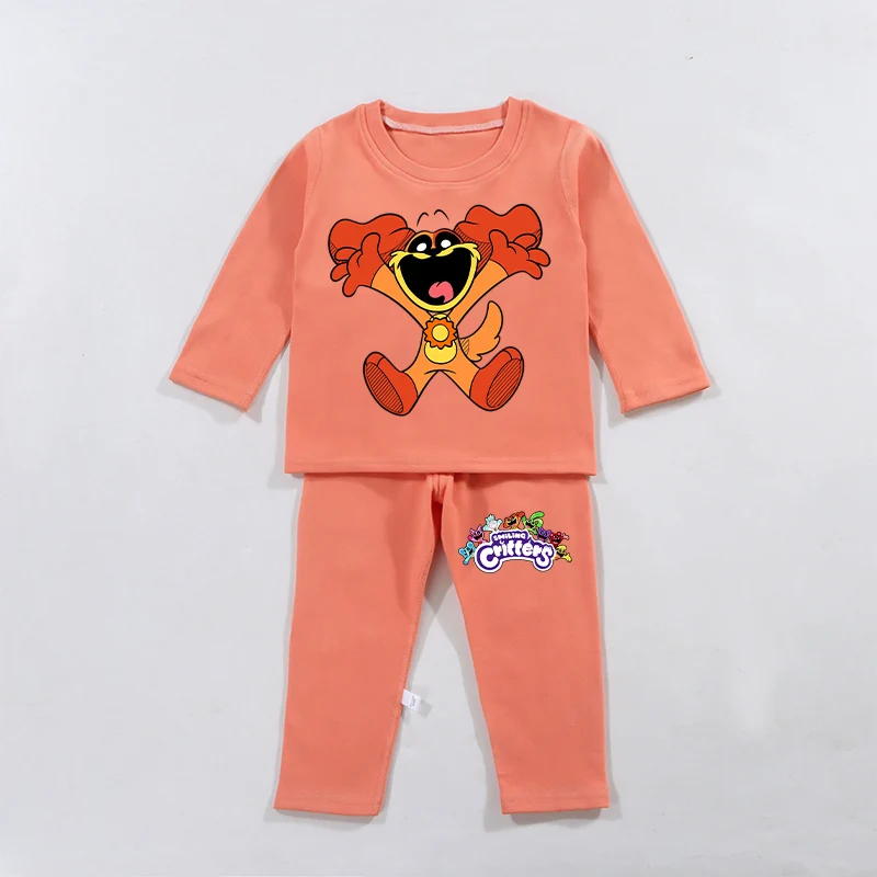 Smiling Crittersed Children's Long Sleeve Pajamas Suit Thicken Warm Anime Cartoon Kid Sleepwear Tops Pants Nightwear Set Clothes