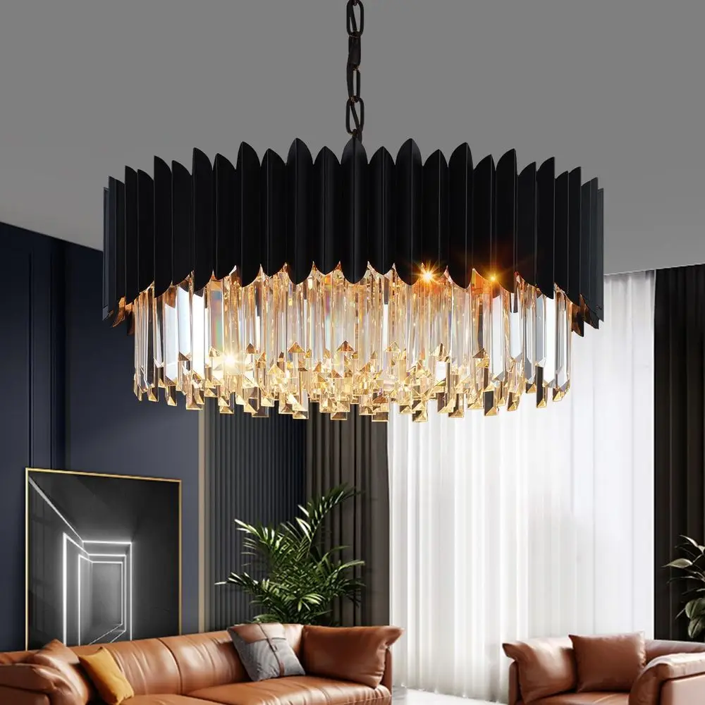 

Black Crystal Chlier 23.62'' K9 Crystal Round Pendant Lights Adjustable 5-Tier Large ern Crystal Chlier or Dining Room Living Ro