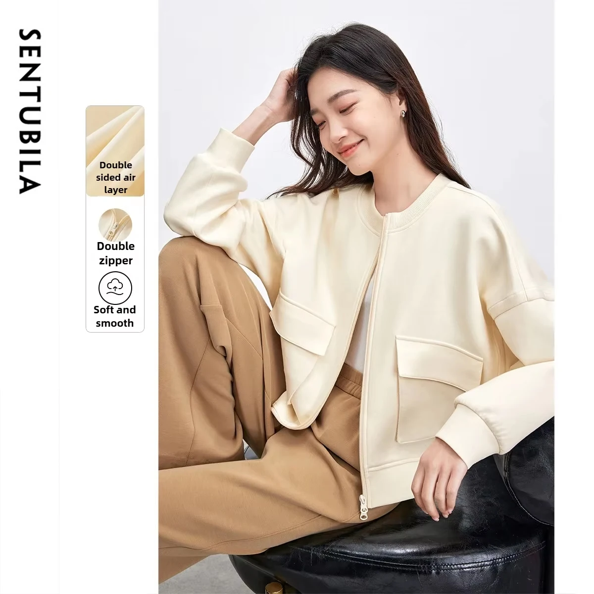 

SENTUBILA Women's Knit Baseball Jacket 2025 Autumn New Batwing Sleeves Two Way Zipper Outwear Comfort Fit Casual Top 151W87858