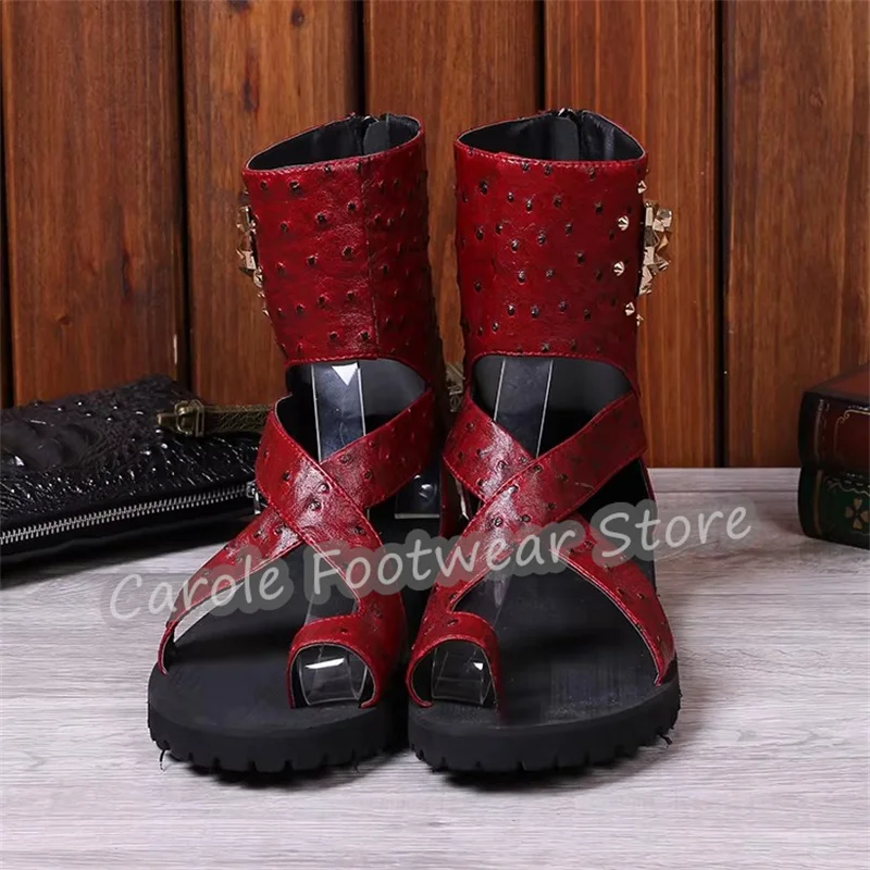 

Мужские летние дышащие повседневные сандалии-шлепанцы с узким ремешком и заклепками, высокие ботинки на массивной подошве из натуральной кожи