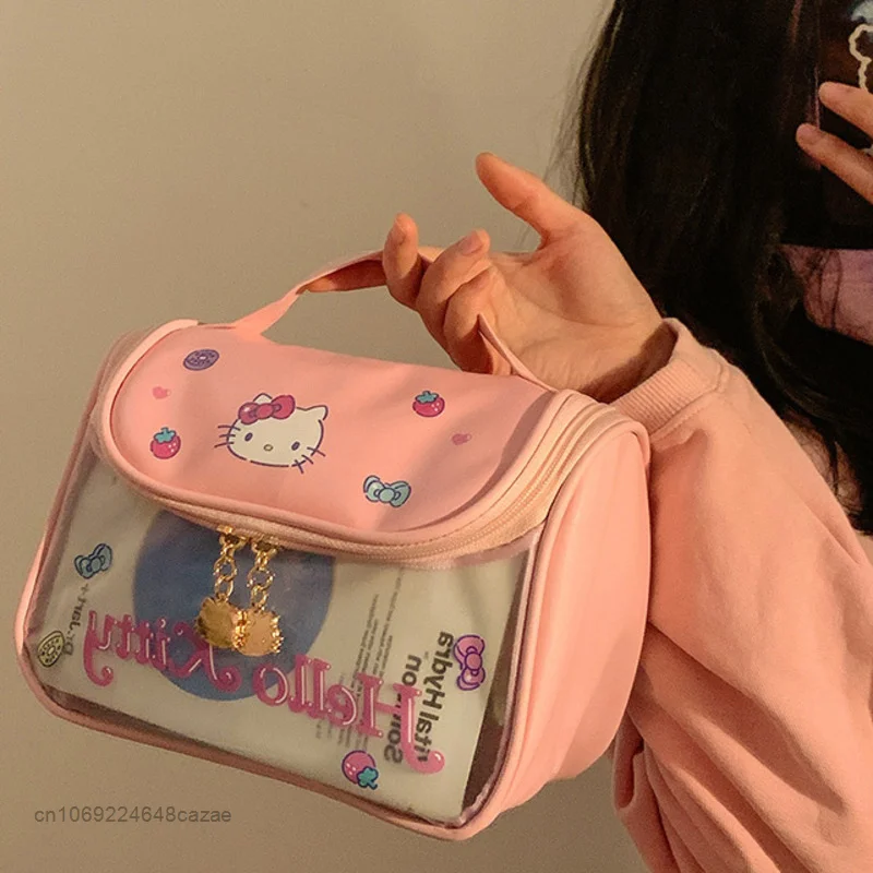 Sanrio Hello Kitty Tas Kosmetik Lucu Tas Penyimpanan Kapasitas Besar Portabel Tas Tangan Fashion Baru Wanita Kartun Tas Tote Makeup