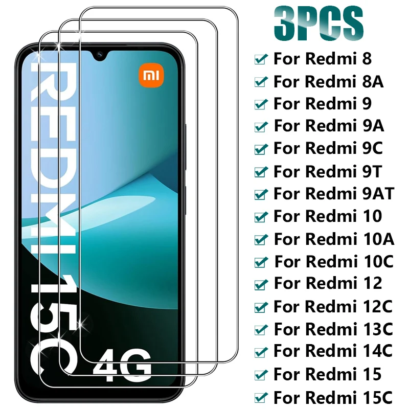 3PCS HD Tempered Glass for Xiaomi Redmi 15 15C 14C 13C 12C 12 5G Screen Protector For Redmi 10 10C 10A 9 9A 9C 9T 8 8A Glass
