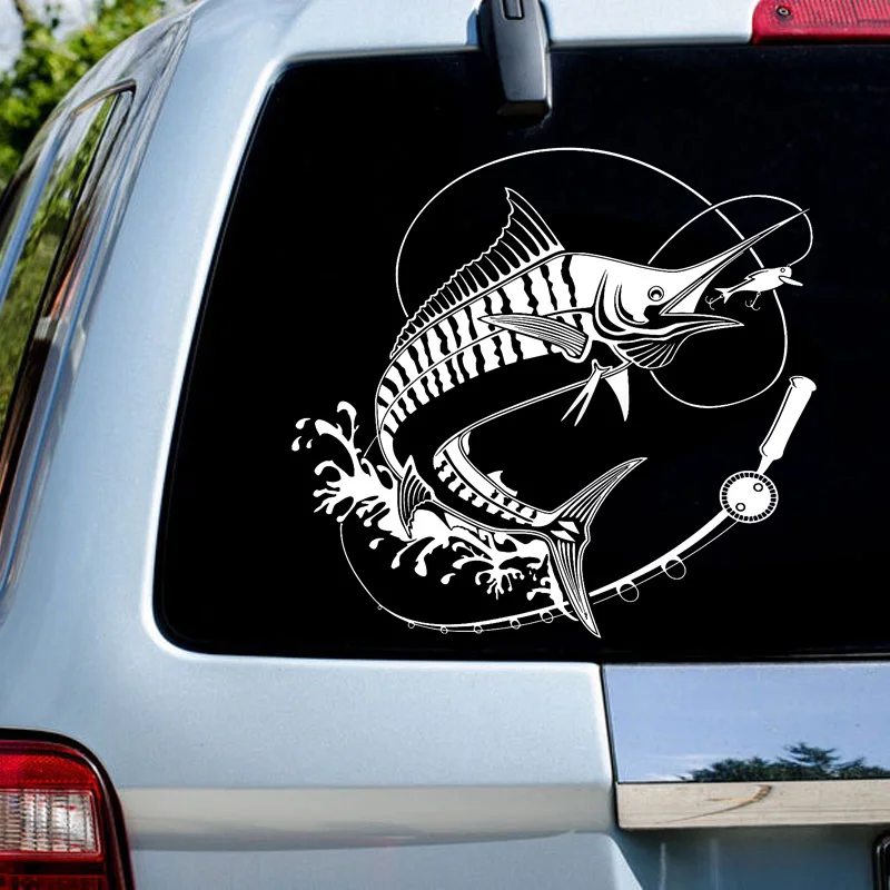 รถตกปลาสติกเกอร์ไวนิล Art ตกปลาคลับเรือชาวประมง Decals Fish Hook Rod Self-กาวสีดําสีขาวภาพจิตรกรรมฝาผนัง Z513